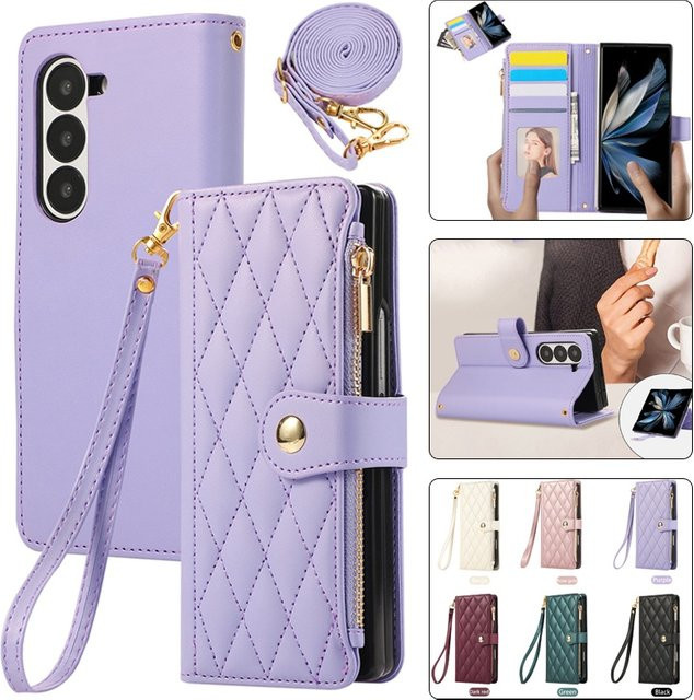 Leder Handyhülle mit Reißverschluss und Handschlaufe als Brieftasche für Samsung Galaxy Z Fold 7, Fold 6, Fold 5, Fold 4, Fold 3 in Beige oder Purple - Bild 1