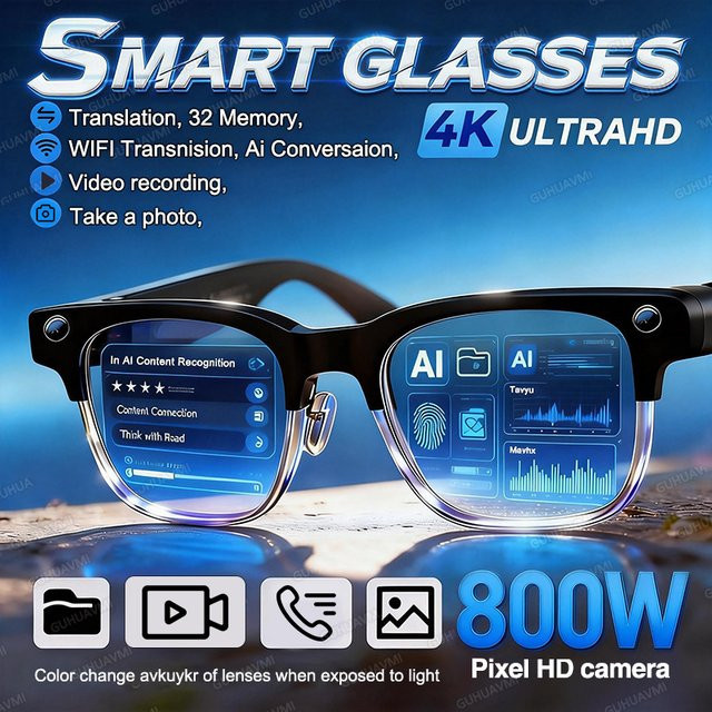 GUHUAVMI Smart-Brille mit 800W Pixel-Kamera, KI-Fotoerkennung, Bluetooth-Anruf und Sprachübersetzung, Sonnenbrille für Herren, Schwarz - Bild 1