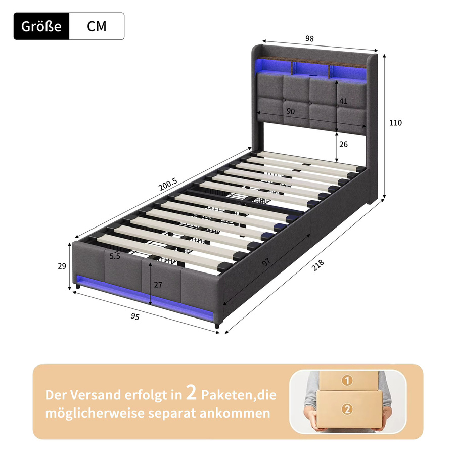 Rosahqnda Kinderbett mit LED-Beleuchtung, USB-Ladegeräten und Stauraum in Beige, Schwarz und Grau, B/T: 90 x 200 cm - Bild 2