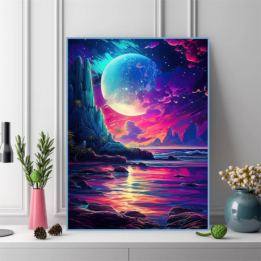 Momoart Diamant-Stickerei DIY Mond und Meer Landschaftsmosaik in Multicolour, Durchmesser: 20 cm - Bild 3
