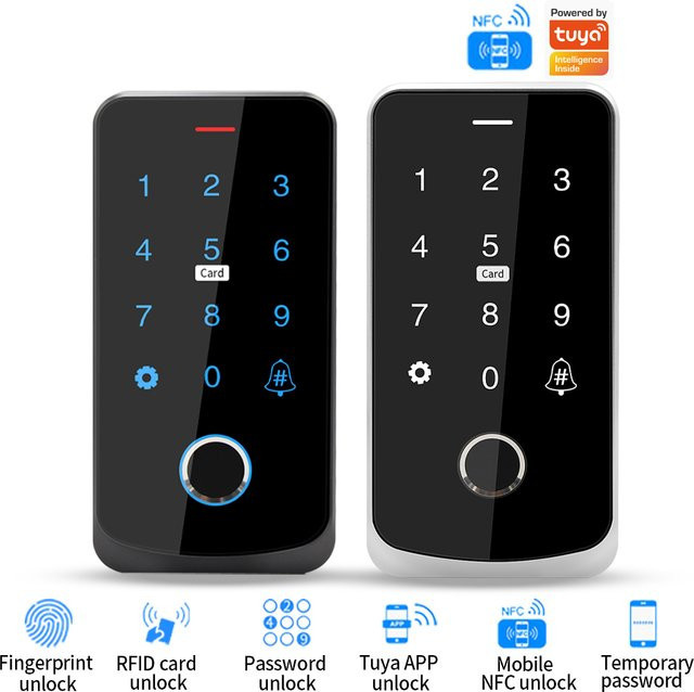 LUCKING DOOR Wasserdichtes NFC-Fingerabdruck-Zugangskontrollsystem mit Tuya-App-Unterstützung, Tastatur, RFID-IC-Karte und Magnetischem Türschloss in Schwarz - Bild 1