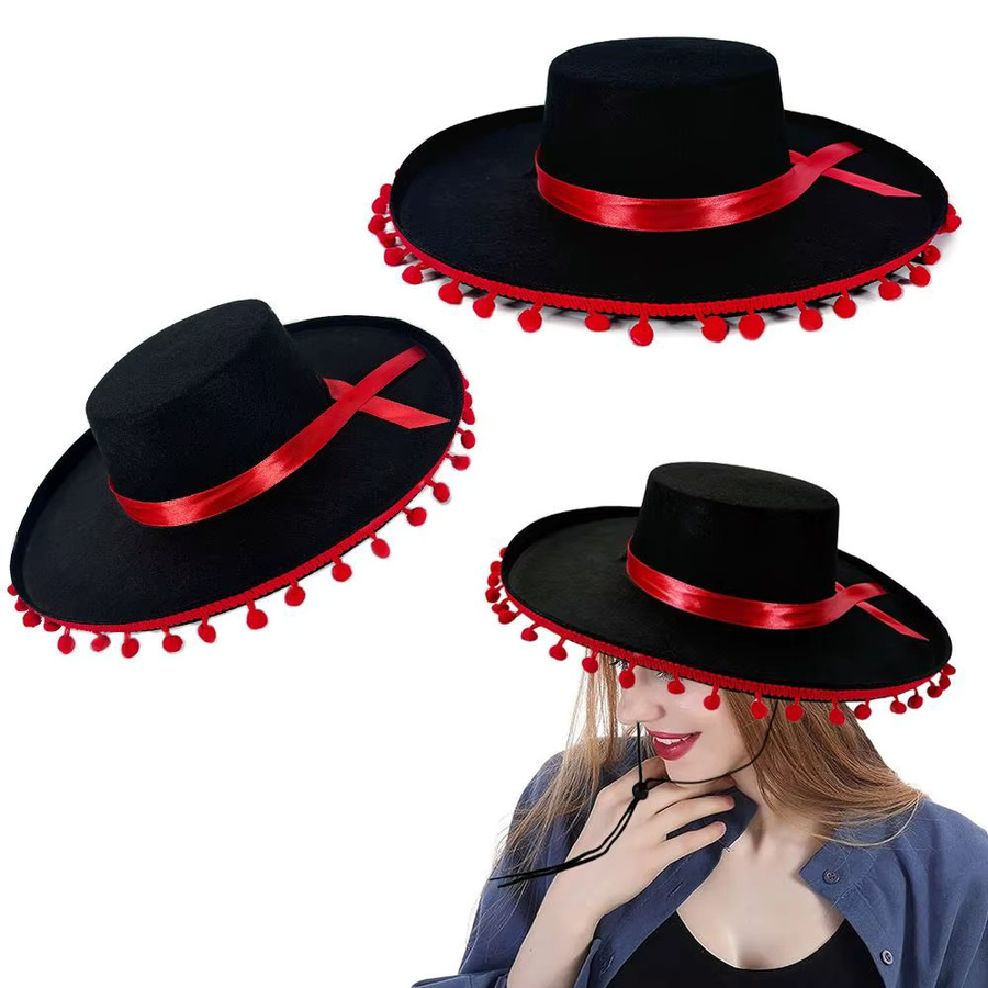 Flaumball Mexikanischer Sombrero-Hut, Schwarz, Filz - Bild 4