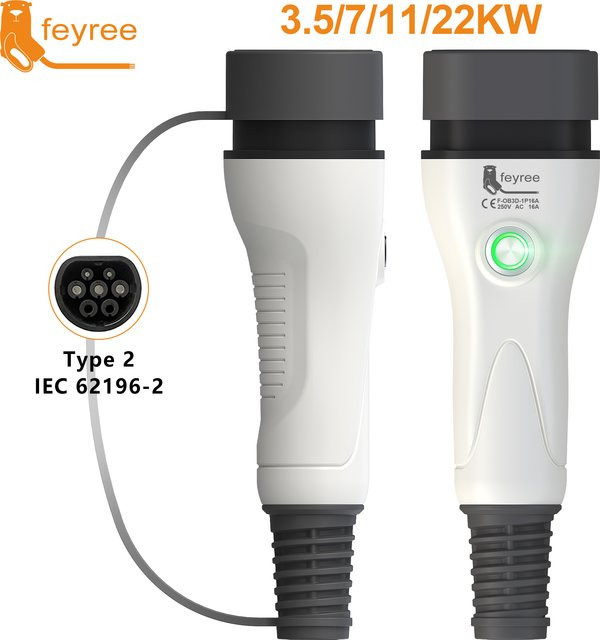 Feyree Typ2 EV-Ladestecker mit One-Touch-Stopp-Funktion in Weiß für Elektrofahrzeuge 16A 32A - Bild 1