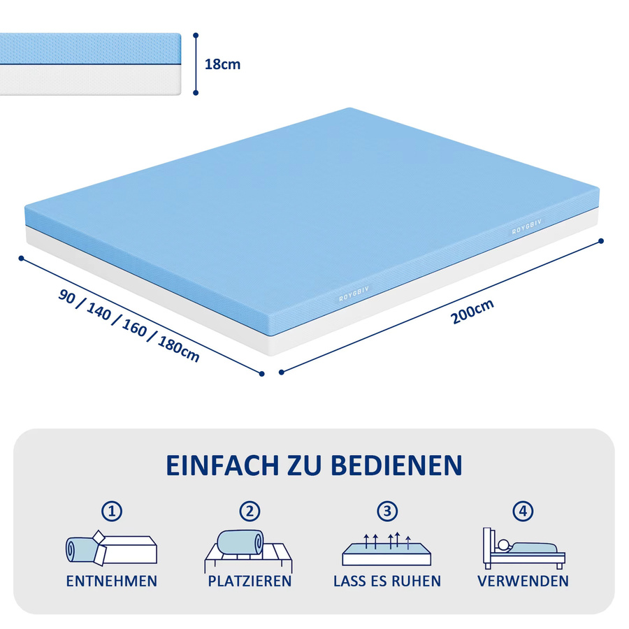 ROYGBIV Komfortschaummatratze mit Memory-Schaum und kühlendem Bezug in Blau, 7-Zonen Unterstützung, Härte H3/H4, B/T/H: 180 x 200 x 18 cm - Bild 3