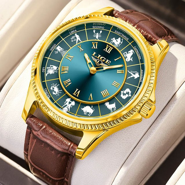 LIGE Armbanduhr Quarz, Leder, Blau, Gold, Herren - Bild 1