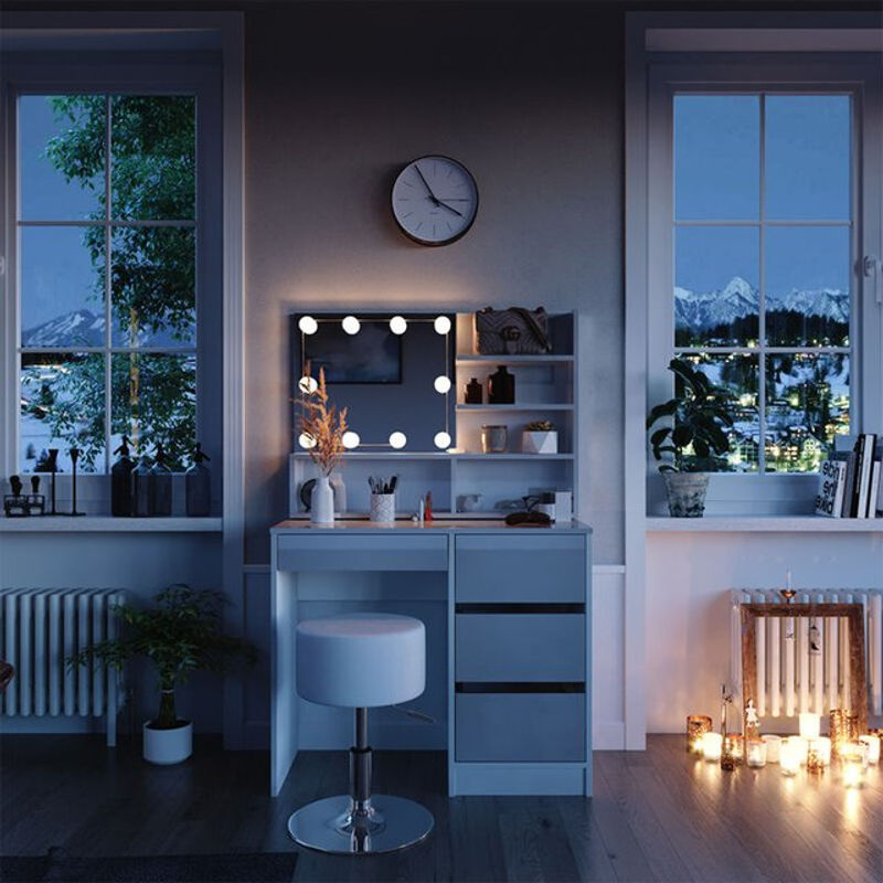 Vicco Schminktisch Sherry Weiß Hochglanz mit LED-Spiegel und Hocker B: 90 cm, H: 140 cm, T: 45,1 cm - Bild 2