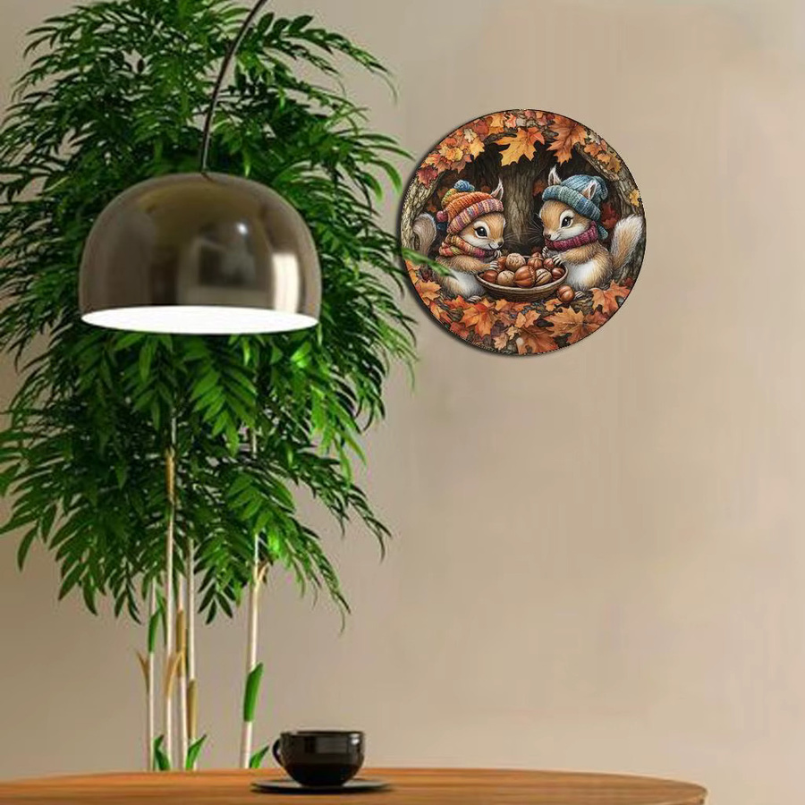Rundes Wandkunstschild aus Aluminium von Potdemiel mit Eichhörnchen und Nüssen im Vintage-Stil, Mehrfarbig, Durchmesser: 20 cm - Bild 5