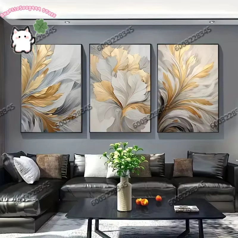 Potdemiel 3er Set Leinwanddruck Wandkunst mit goldenen weißen Blättern in floralem Design für Wohnzimmer Schlafzimmer und Büro - Bild 3