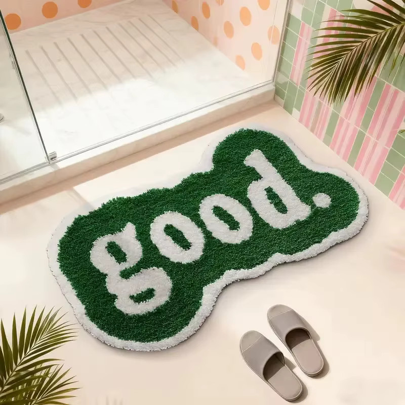 VIKAMA Tokyo Rock Garage Teppich Cream Soda in Beige und Grün, rutschfester und fleckenresistenter Plüschteppich für Wohnzimmer und Schlafzimmer - Bild 1