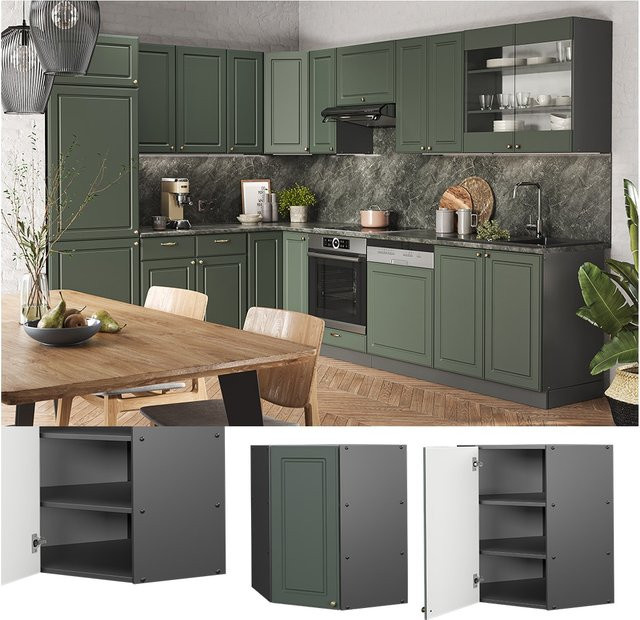 Vicco Eckhängeschrank Fame-Line Landhaus Küchenschrank Anthrazit Grün-Gold mit Softclose-Scharnieren und Einlegeboden, Breite: 57 cm, Höhe: 72 cm, Tiefe: 52 cm - Bild 1