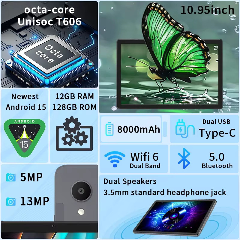 ANRY Tablet Android 15 mit 10,95 Zoll Display, 12 GB RAM, 128 GB Speicher, T606 8-Core Prozessor und 8000 mAh Akku, Schwarz - Bild 4