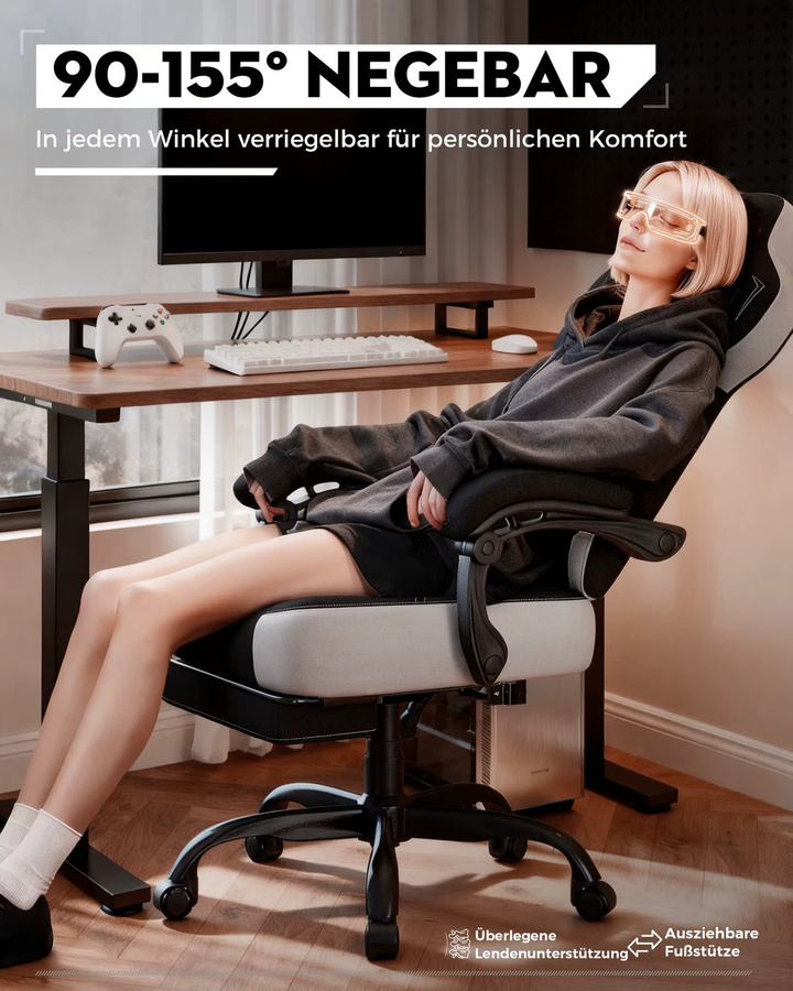 LUCKRACER Gaming Stuhl in Schwarz mit verbundenen Armlehnen, Memory-Schaum-Kissen, Fußstütze und verstellbarem Neigungswinkel von 90–155 Grad - Bild 4