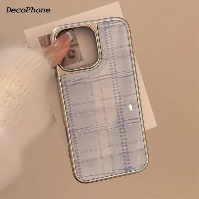 DecoPhone Stoßfeste Schutzhülle mit blauem Gittermuster und silberbeschichtetem Rahmen für iPhone 11 bis iPhone 17 Pro Max Plus XR - Bild 1