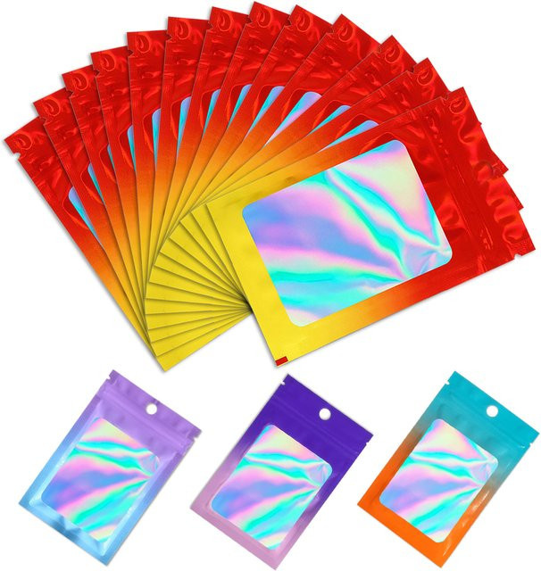 100 Stück holografische selbstverschließende Beutel mit Farbverlauf und Fenster in Multicolor für Geschenke, Accessoires und Schmuck - Bild 1