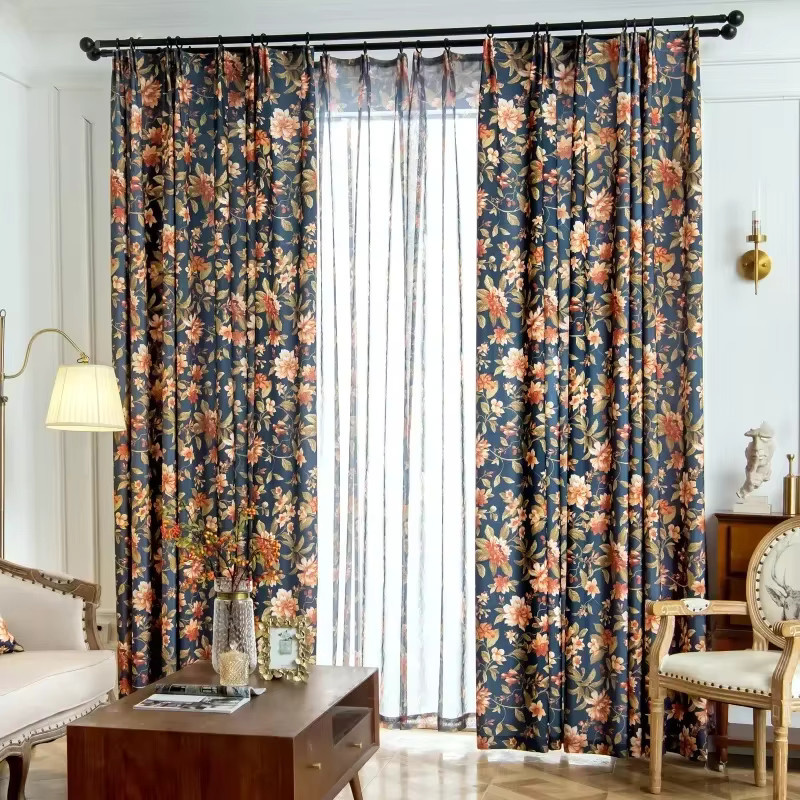 ZJBYZHOUSEHOLD Vorhang mit Blumenmuster im Retro-Stil aus Baumwolle und Leinen, Blau, semi-transparent - Bild 4