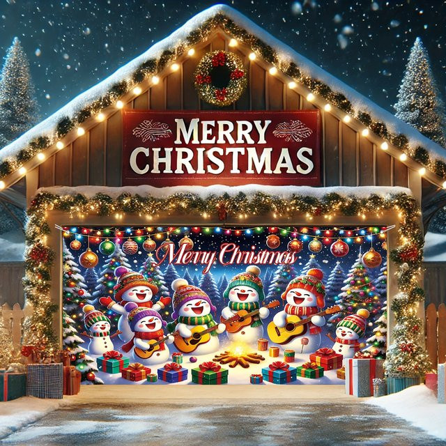 2D-Flachbanner Frohe Weihnachten Garagentordekoration mit Schneemännern, Bäumen und Geschenken, Mehrfarbig - Bild 1
