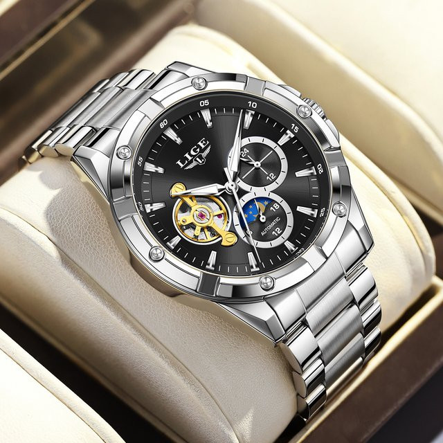 LIGE Armbanduhr Automatik, Edelstahl, Silber, Herren, Mondphase - Bild 1