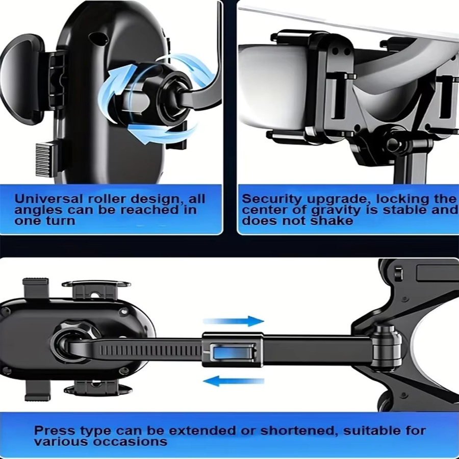DUTRIEUX Rückspiegel-Handyhalterung fürs Auto mit 360 Grad drehbarem und teleskopierbarem Arm, universeller Clip-On-Halter für Smartphones, Schwarz - Bild 5