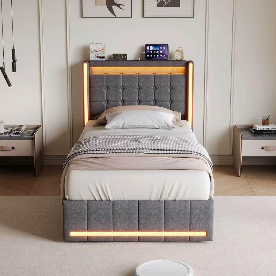 Modernes Polsterbett mit Bettkasten und 2 Schubladen in Beige/Grau, B/T/H: 90 x 200 cm, mit LED-Beleuchtung, USB-Anschluss und Holzlattenrost - Bild 2