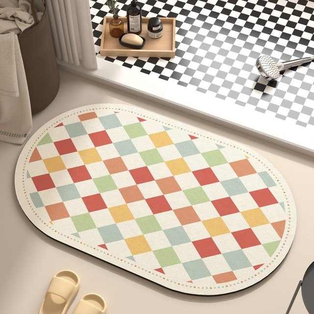 VIKAMA Badezimmerteppich im Schachbrett-Design, oval, rutschfest und schnelltrocknend, Mehrfarbig, B/T: 60 x 30 cm - Bild 1