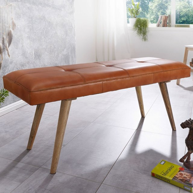 Finebuy Gepolsterte Sitzbank aus Echtleder und Massivholz in Braun im Retro-Style, B/H/T: 117 x 38 x 51 cm - Bild 1
