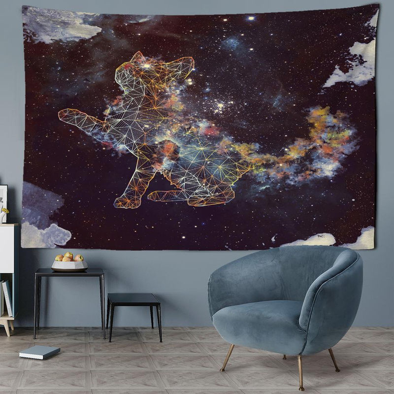 Super Six Wandbehang mit Katzenmotiv im Sternenuniversum, Bohemian Style Textildruck, mehrfarbig, B: 95 cm, H: 70 cm - Bild 5