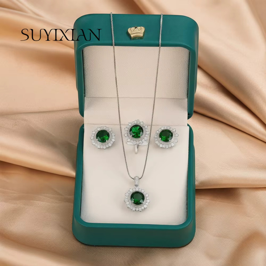 suyixian Schmuck-Set, 925 Silber, Smaragd, Unisex - Bild 2