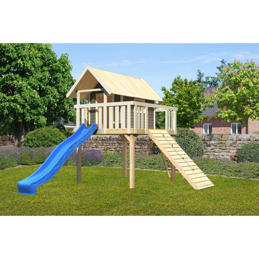 Karibu Stelzenhaus Fidel Set in Terragrau mit blauer Wellenrutsche und Holzrampe, B/H/T: 198 x 329,5 x 243 cm - Bild 2