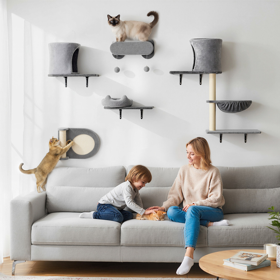 PawHut Wand-Katzenregal 5-teiliges Möbel-Set in Grau mit 2 Höhlen, Hängematte, Plattformen und Sisal-Kratzflächen für Wohnungskatzen bis 5 kg - Bild 2