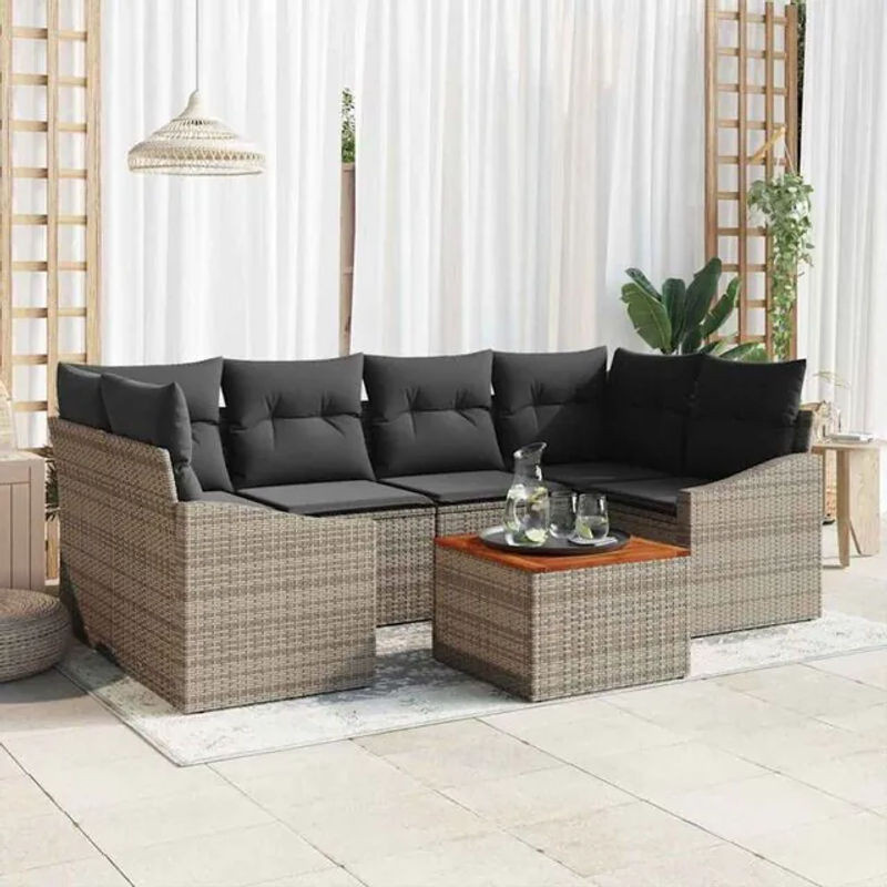 7-teiliges Polyrattan Garten-Sofa-Set in Grau von VIDAXL mit Akazienholz-Gestell und Loungemöbel-Design - Bild 1