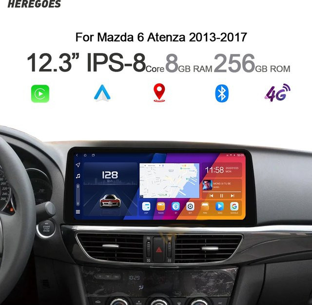 Kabelloses Multimedia-Autoradio mit Android 14 und Carplay für Mazda 6 Atenza 2017-2018, 12.3 Zoll Display, 256 GB Speicher, WLAN und Bluetooth, Schwarz - Bild 1