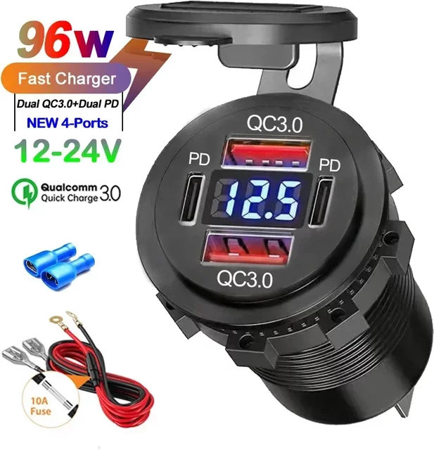 96W Dual USB Auto Ladegerät mit PD und QC3.0, USB-C, Voltmeter und Steckdose, wasserdicht für 12V/24V Auto, Boot, Lkw und Motorrad, Schwarz - Bild 1
