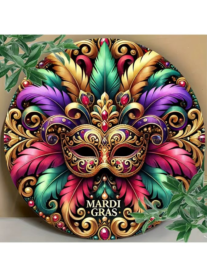 Potdemiel Vintage Mardi Gras Maske Wandkunst aus Aluminium in Gold, rundes dekoratives Schild, Durchmesser: 20,32 cm - Bild 5