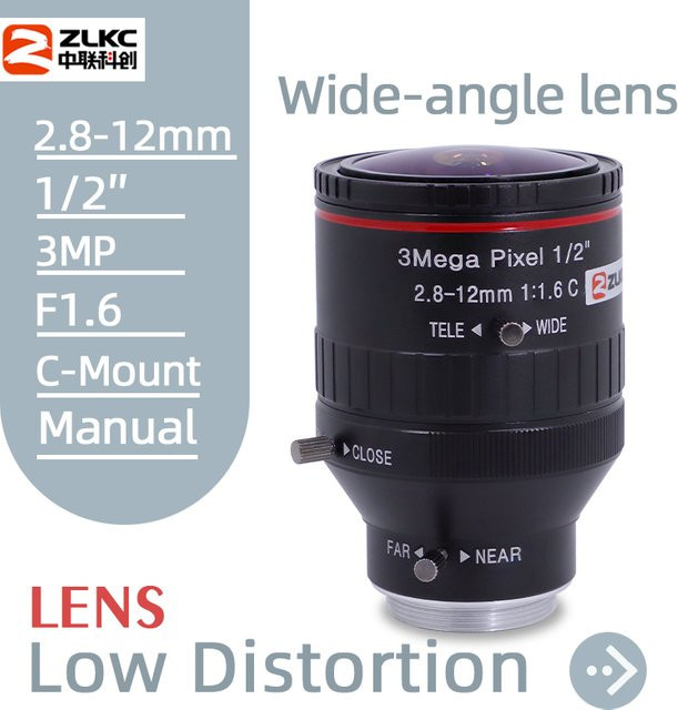 ZLKC Weitwinkel-Zoomobjektiv mit C-Mount Halterung, 2,8-12mm, f/2.5, 3MP, Schwarz - Bild 1