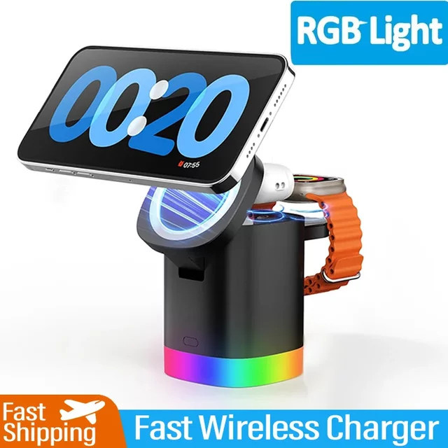 VIKEFON Faltbares kabelloses Ladegerät Travel Dock mit Lichtsteuerung für iPhone und Apple Watch sowie AirPods in Schwarz oder Weiß - Bild 1