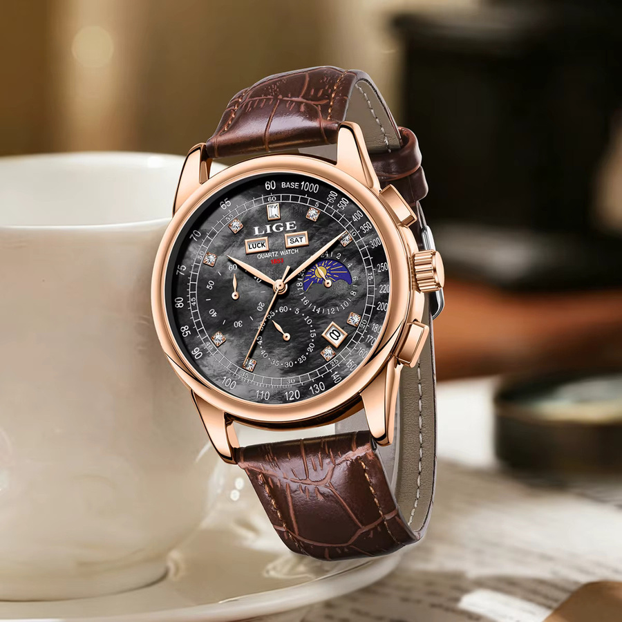 LIGE Armbanduhr Quarz, Roségold-Zifferblatt, Lederarmband, Herren - Bild 2