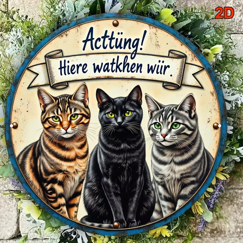 Potdemiel Rundes Aluminiumschild Three Cats Vintage Metalldekoration mit Katzenmotiv, Durchmesser: 20,32 cm, Mehrfarbig - Bild 4