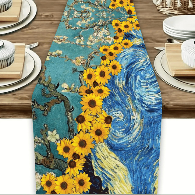 JIT Tischläufer mit Van Gogh Sonnenblume und Mandelblüte Motiv aus Leinen, Mehrfarbig, B: 30,0 cm - Bild 1