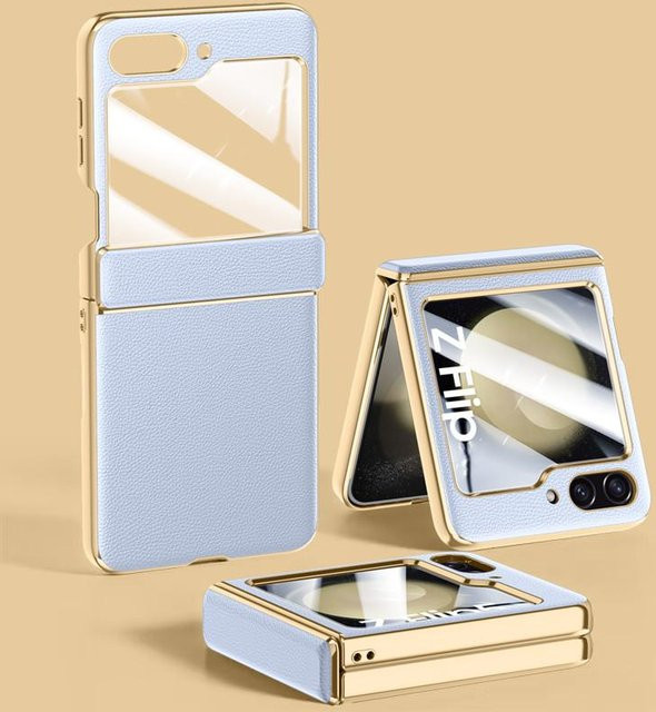 Samsung Galaxy Z Flip 5 Schutzhülle aus Leder mit Scharnier und Glasfolie in Weiß - Bild 1