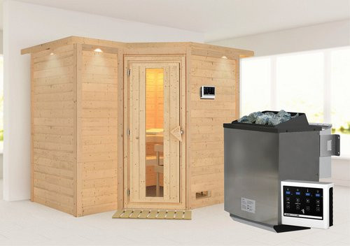 Karibu Sauna Riga 2 Bio-Kombi-Sauna für 4 Personen mit 9 kW Saunaofen und externer Steuerung, beige - Bild 1