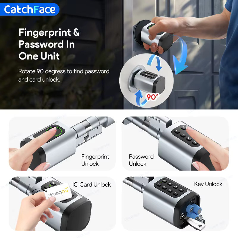 Catchface V1 Pro+ Intelligentes Türschloss mit Fingerabdruck, Passwort, RFID und App-Steuerung via Tuya oder TTLock in Silber - Bild 4