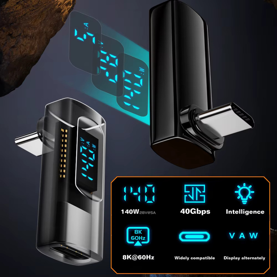 UGOURD 90-Grad USB-C Adapter, rechtwinkliger USB4 Typ-C Adapter mit LED-Anzeige, 40 Gbit/s, PD 140 W und 8K-Unterstützung für Thunderbolt 3/4, Schwarz - Bild 2