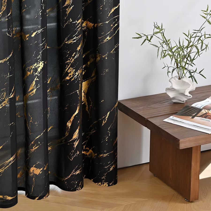 YIHEIM Luxus-Vorhang Set mit Marmormuster und Goldfolie in Schwarz und Gold, 2 Stück, Stangentaschen, Breite: 100 cm, Höhe: 130 cm - Bild 3
