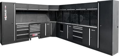 KS Tools Werkstattschrank L-Form in Schwarz mit Edelstahl und MDF, inklusive 8 LED, 4x Schuko sowie USB-A/C Anschlüssen, B: 340 cm, H: 40,8 cm - Bild 1