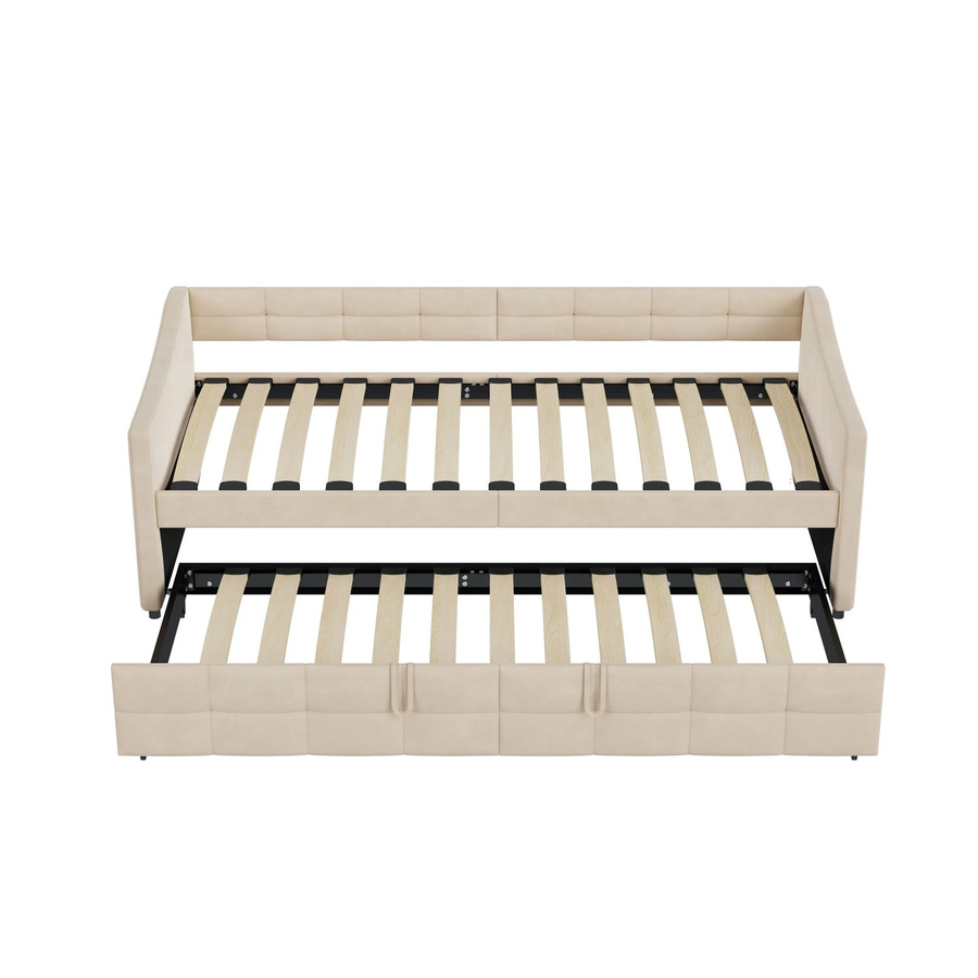 PXloue Schlafsofa Tagesbett als Polsterbett mit Ausziehfunktion und Seitentaschen in Beige aus Samtstoff, B/T/H: 180-200 x 200 x 75 cm - Bild 2