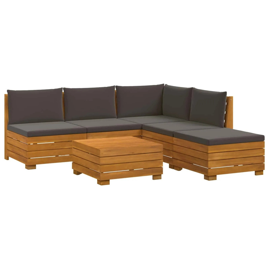 vidaXL Outdoor-Sofagarnitur aus Akazien-Massivholz in L-Form mit 6 Teilen und Kissen, Braun/Dunkelgrau - Bild 2