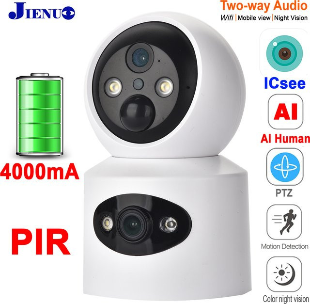 JIENUO Drahtlose PTZ IP-Kamera mit Doppelobjektiv, 4000 mAh Akku, Auto-Tracking, HD-Video und Vollfarb-Nachtsicht, Weiß - Bild 1