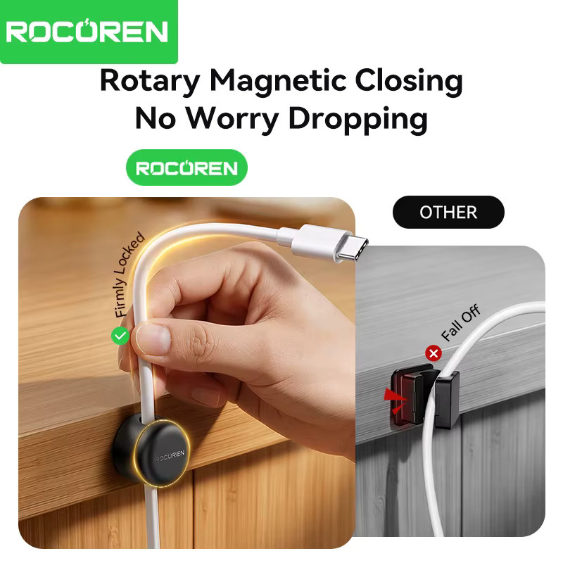 Rocoren 360 Grad rotierender magnetischer Kabelorganisator in Schwarz mit selbstklebenden Kabelclips und verstellbarem Kabelhalter für unter dem Schreibtisch - Bild 3