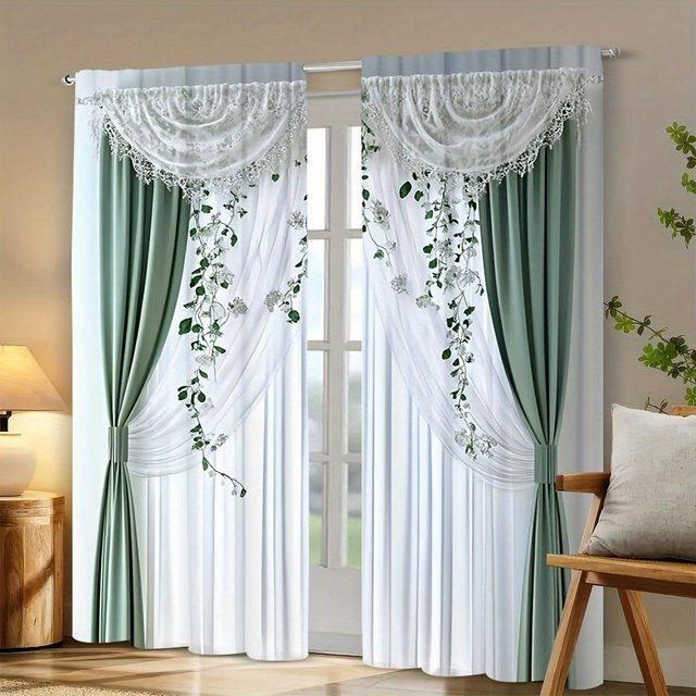 2er-Set Yiran Furniture Vorhänge mit Blumenmuster, halbtransparent, Polyester, Mehrfarbig, B: 130 cm, H: 210 cm - Bild 1