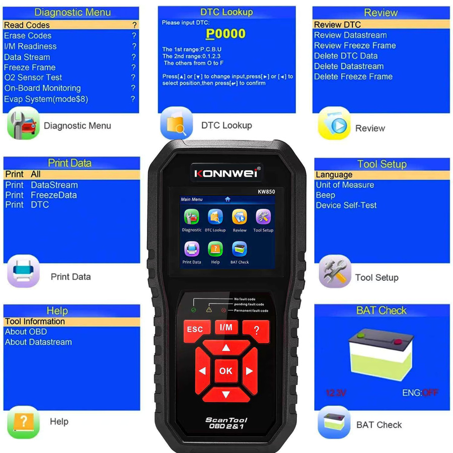 KONNWEI KW850 Auto OBD2 Scanner Professionelles Diagnosegerät für O2-Motorsystem-Check und DTC-Lookup in Rot-Schwarz - Bild 3